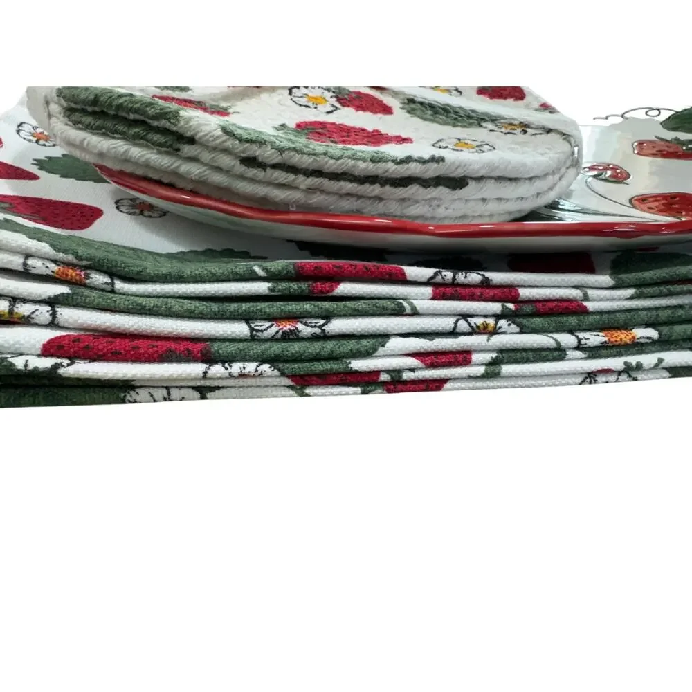 Mabelle Kitchen & Table Strawberry Ceramic Platter 4 Trivets 8 Placemats Set